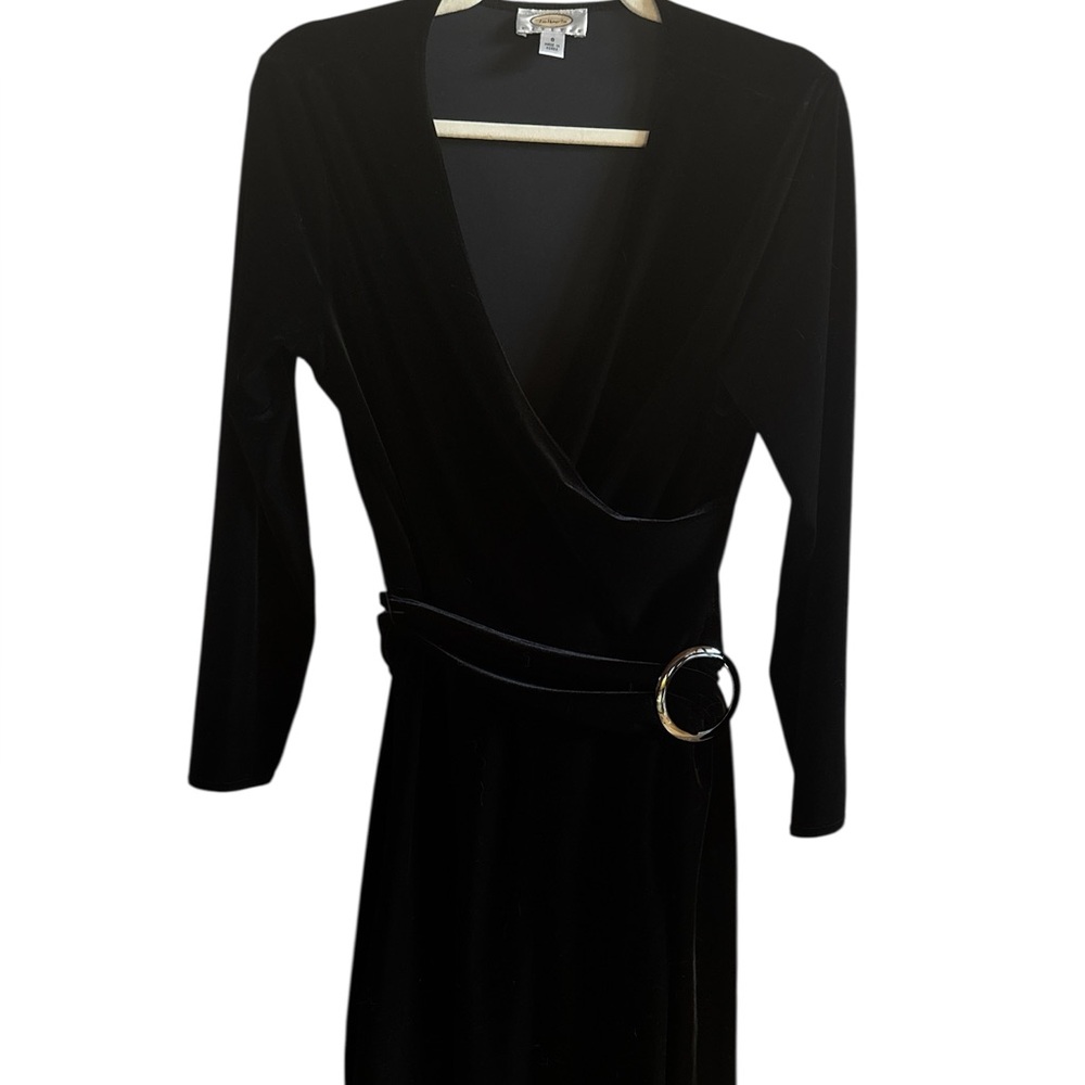 Talbots Black Velvet HolidayWoman's Petite 8 Faux Wrap Belted Dress Long Sleeves
